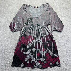 VINTAGE Volume One Dress Womens S/M? Gray Pink Floral Empire Waist Dolman Sleeve